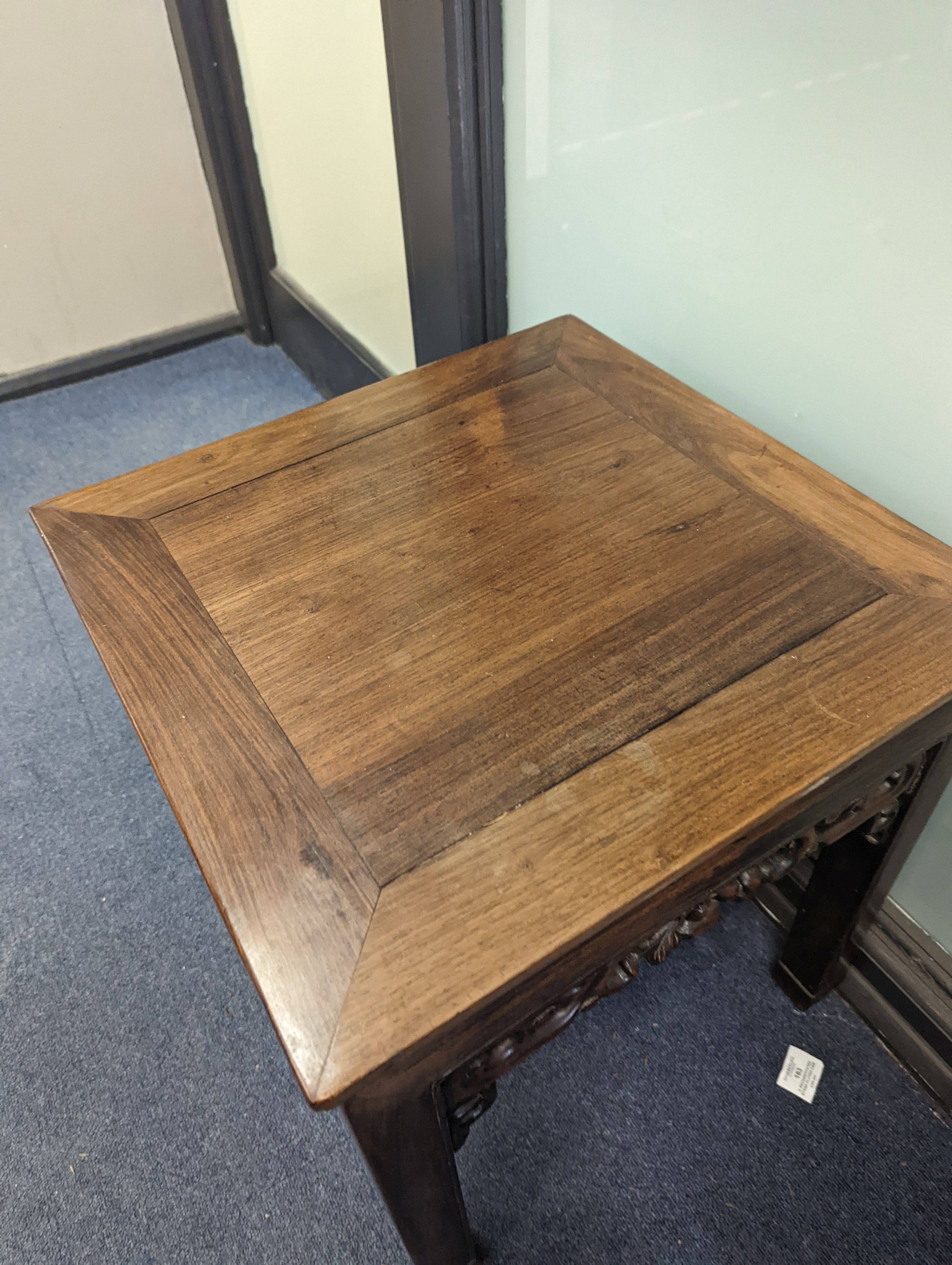 A pair of Chinese hardwood square top tables, 48cm, height 51cm